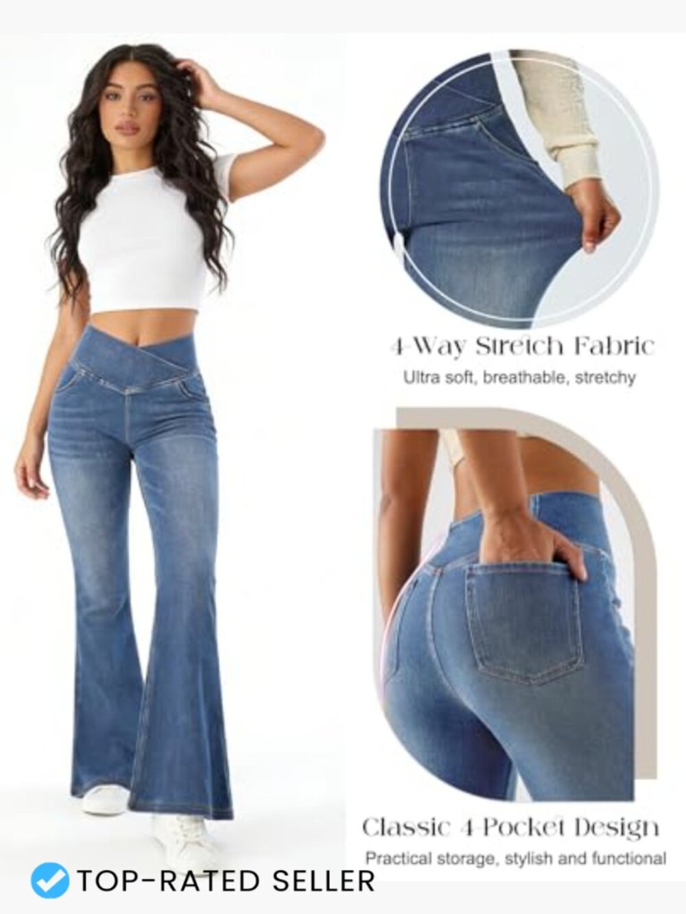Bell Bottom Jeans High Waisted Stretchy Flare Pull On Wide Leg with Pockets - Picture 3 of 6